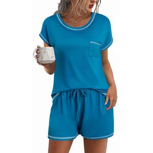 Ekouaer Womens Pajama Sets 2 Piece Soft Short Sleeve Top and Shorts Sleepwear Round Neck Pjs Lounge Set with Pockets (Medium, Blue Green)