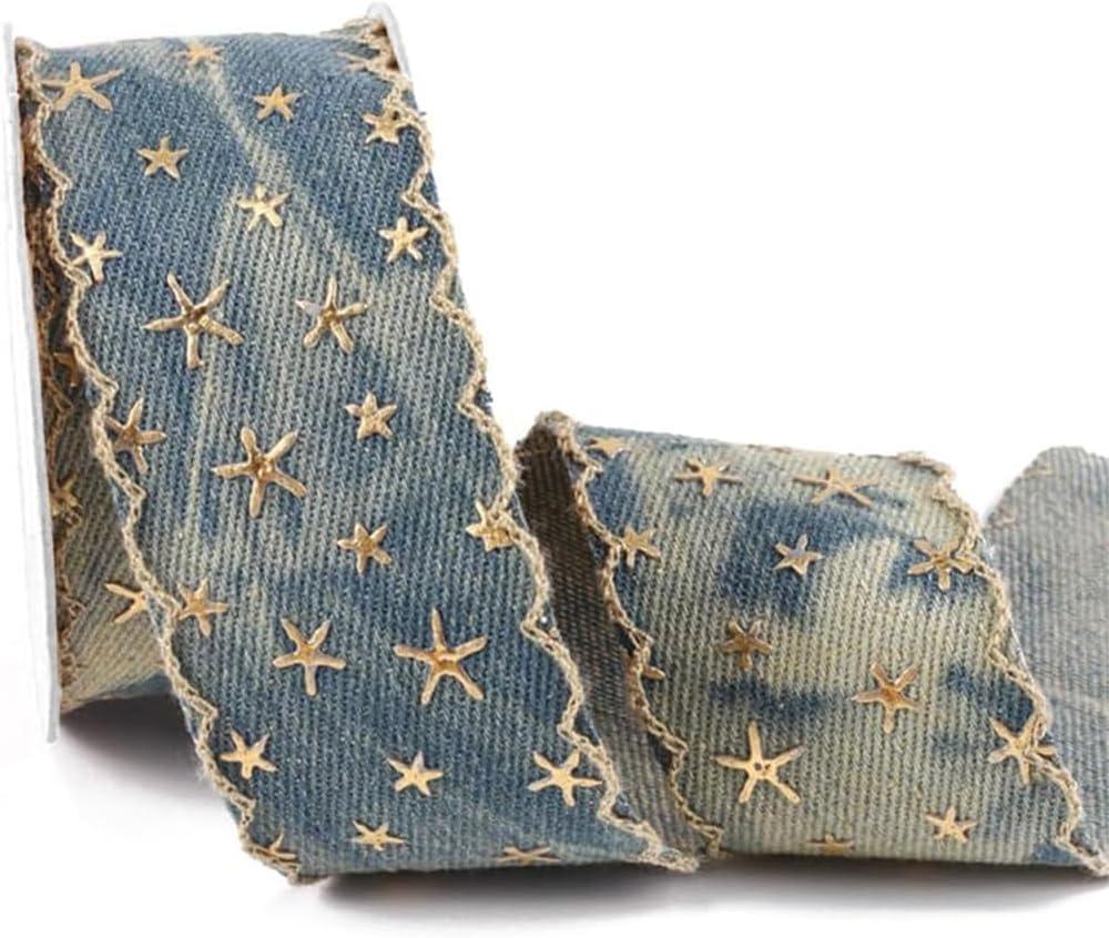 10 Yards 1.5 Inch Denim Trim Fabric Patriotic Ribbon Blue Bronzing Jeans 4th of July 3D Gold Foil Star Print Applique Sewing Ribbon Tape Bulk for Sewing Making Crafts Gift Wrapping Christmas