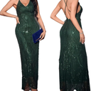 Women's V Neck Spaghetti Straps Sequin Sparkly Glitter Irregular Hem Prom Dress Backless Maxi Evening Gowns M