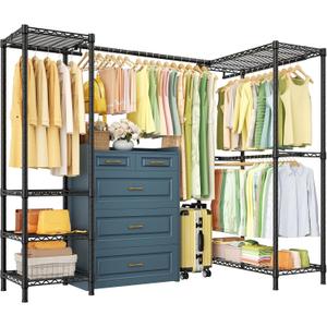 ULIFHOME E10L L-Shaped Clothes Rack for CornerWith Expandable Hanger RodHeavy Duty Freestanding Clothing Racks for Hanging ClothesPortable Garment Rack 58-82"W x 30"D x 72"HMax Load 900LBSBlack