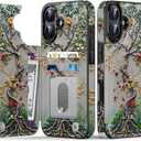 FUNMIKO for iPhone 16 Wallet Case with Card Holder + Cash Clip, RFID-Blocking, Military-Grade Drop Protection & UV-Printed Artwork, Magnetic Closure with Leather Kickstand - Blooming Tree of Life