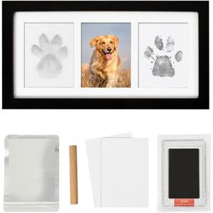 Dog Paw Print Photo Frame Kit with No Toxic Clay & No Mess Ink Pad, Wooden Pet Memorial Picture Frames, Dog Paw Print Kit Keepsake, Cat Paw Print Impression Kit, Memorial Gifts for Pet Lovers (Black)