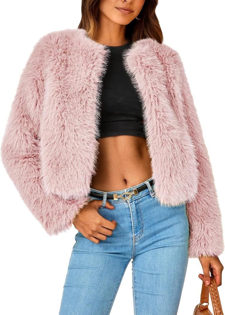 PRETTYGARDEN Women's 2026 Winter Coats Fleece Cropped Jacket Faux Fur Long Sleeve Pockets Shaggy Warm Outerwear Fall Clothes (XX-Large, Pink)