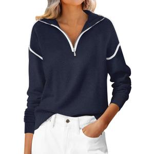 ANRABESS Womens Quarter Zip Sweaters Fall Long Sleeve V Neck Shirts Collared Business Casual Tops Knit Pullover Sweatshirts (Medium, Navy Blue)