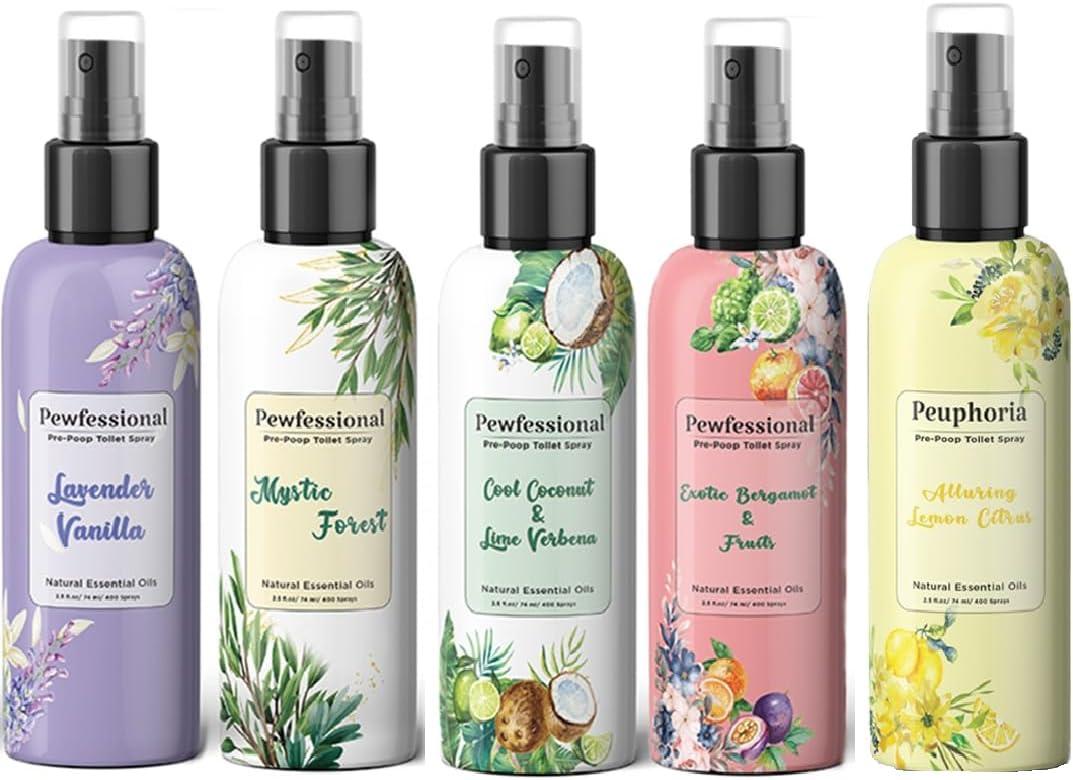 Pewfessional poop spray for toilet, pre poo toilet spray bathroom odor eliminator and air freshener, 2.5 Ounce, 5 bottles Travel Size