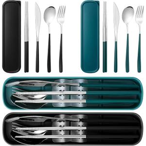 2 Sets Travel Cutlery Set 18/8 Stainless Steel Cutlery 6 Pcs Reusable Utensils Set with Case Portable Silverware Lunch Box for Camping School Office(Silver, Blackish Green, Black)