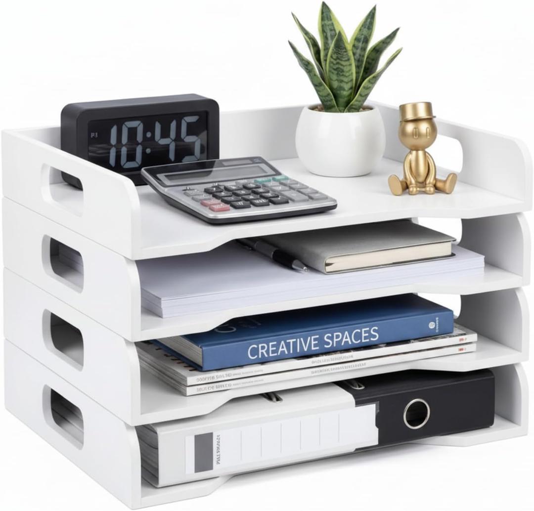 Yinkin Wooden Stackable Paper Trays 4-Tier Wooden Paper Organizer for Desk Letter Documents Woodens Desktop File Organizers for Desktop File Holder and Office Supplies Rack for Home Office Use(White)
