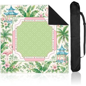 Tropical Palm Tree Mahjong Mat with Carrying Bag 31.5" x 31.5" Non Slip Noise Reduction Table Cover Palm Beach Pink Green Floral Mahjong Mat for American Poker Card Board Dominoes Tile Games Gifts