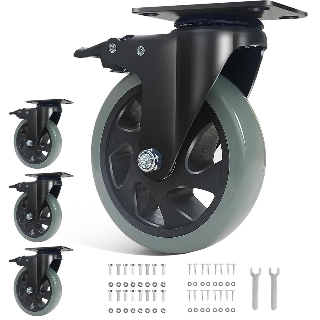 5" Caster Wheels Set of 4 Heavy Duty, BZOLIHEU Swivel Caster with Brake,Silent Top Plate Locking Casters, Grey Castor Wheels for Furniture,Workbench,Cart
