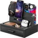 melafa365 Bamboo Nightstand Organizer for Men, Phone Docking Station with Cable Management, Drawer, Bedside Organizer for Watches, Keys, Wallets, Black