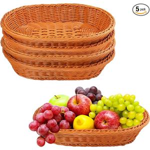 5 Pack 13.8 Inch Oval Poly Wicker Baskets, Plastic Oval Wicker Baskets, Rustic, Durable & Easy-Cleaning Wicker Bread Basket, for Home, Restaurant & Hotel Use, Brown