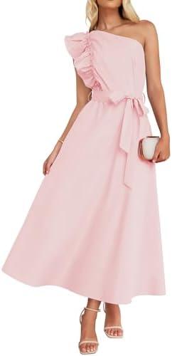 ZESICA Women's 2025 Summer One Shoulder Ruffle Dress Sleeveless Empire Waist Boho Flowy Maxi Dresses Medium