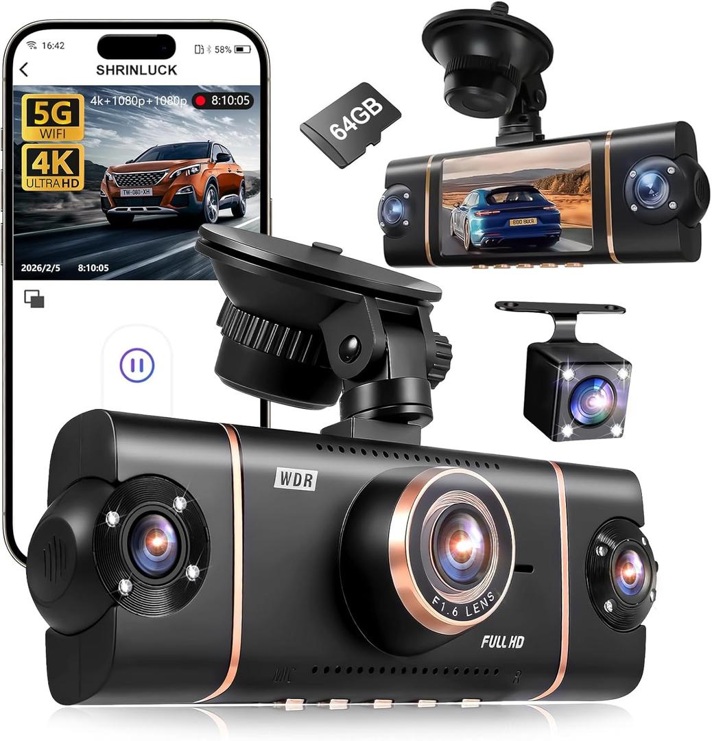 4 Channel Dash Cam 360° View Front Rear Inside & Left Right,4K+1080P*3 FHD Car Camera,5G WiFi & APP Control,8 IR Lamps Night Vision, G-Sensor, 24H Parking Mode, with a Free 64GB SD Card