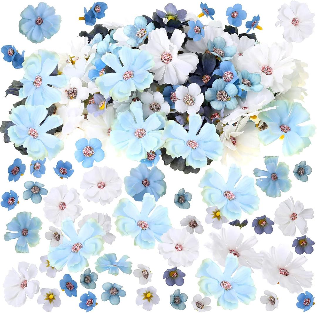 Geosar 120 Pcs Small Flowers for Crafts Spring Mini Faux Flowers Artificial Silk Fabric Floral Daisy Peony Floral Decorations DIY Wreath Accessories for Wedding Home Decor. (Blue, Fresh Style)