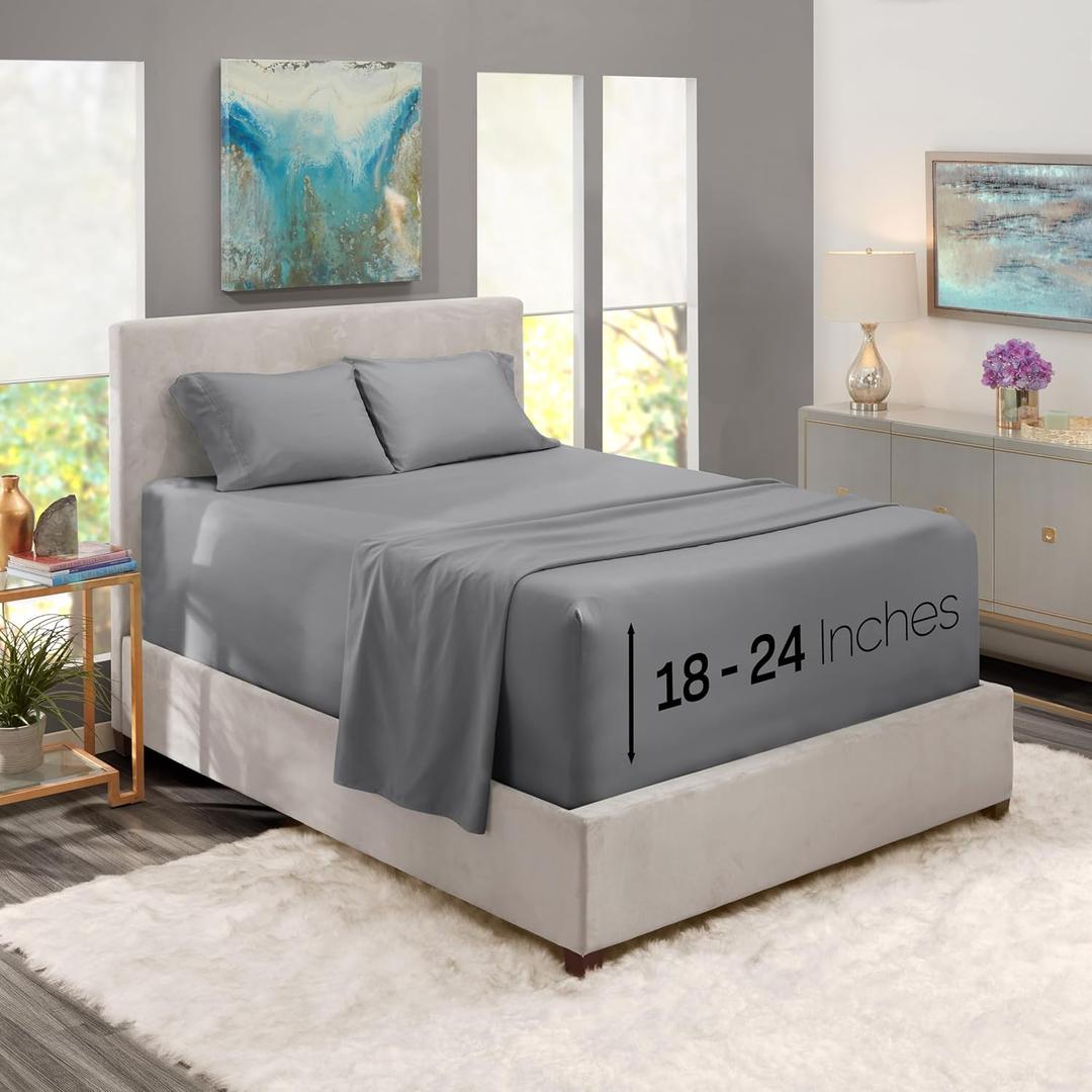 Nestl Twin XL Size Sheet Set, 4 Piece Extra Deep Pocket (18-24 inches), Microfiber, Hotel Luxury, Soft, Breathable, Wrinkle-Free, Easy to Care, Grey