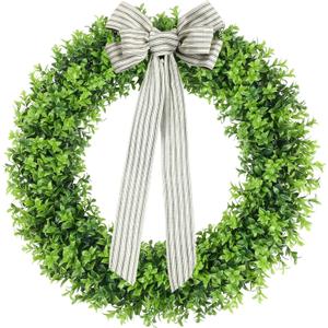 32-Inch Boxwood Wreath, Artificial Boxwood Wreath Front Door Wreaths Artificial Spring Summer Greenery Hanging with A Plaid Bowand Sash for Front Door Wall Hanging