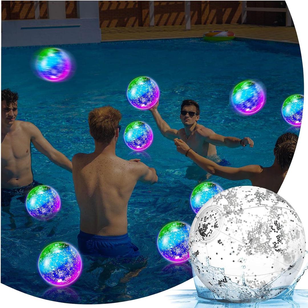 Meooeck 16 Pcs Light up Beach Balls Glow in The Dark LED Inflatable Beach Balls 9 Inch Sparkly Confetti Glitters Pool Disco Bulk Outdoor Summer Swimming Party Favors Wedding Decorations(Silver)