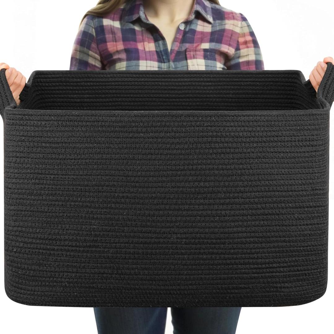 95L Large Blanket Basket, Black Blanket Storage Living Room, Rectangle Woven Baskets for Storage Toys, Towels, Dirty Clothes Organizer Bins (Black) (24"x16.9"x14.2")