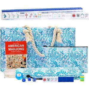 American Mahjong Set with Blue Carrying Bag and Accessories, 160 Deep Blue Engraved Tiles, 4 All-in-One Rack/Pushers, 1.2’’ Mahjong Tile Set, 1.2 x 0.9 x 0.59 inches