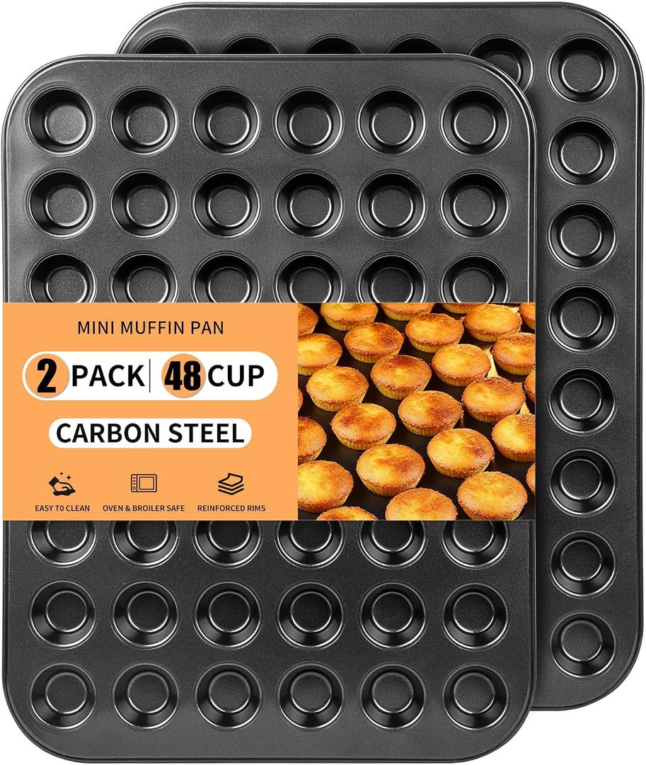 2 Pack 48 Cup Heavy Duty Steel Nonstick Mini Muffin Pan, Black 48 Mini Small Tiny Cups, Cupcake Baking Pan Molds for Dishwasher Oven