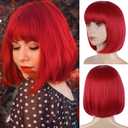 MOSINA Red Bob Wig - Short Red Straight Bob Wigs with Bangs for Women, Colorful Short Hair Wig, Cute Synthetic Wigs for Cosplay, Daily, Halloween (12 Inch)