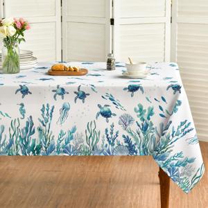 Horaldaily Summer Tablecloth 60120 Inch Rectangular, Sea Turtle Seaweed Jellyfish Blue Spring Washable Table Cover for Party Picnic Dinner Decor