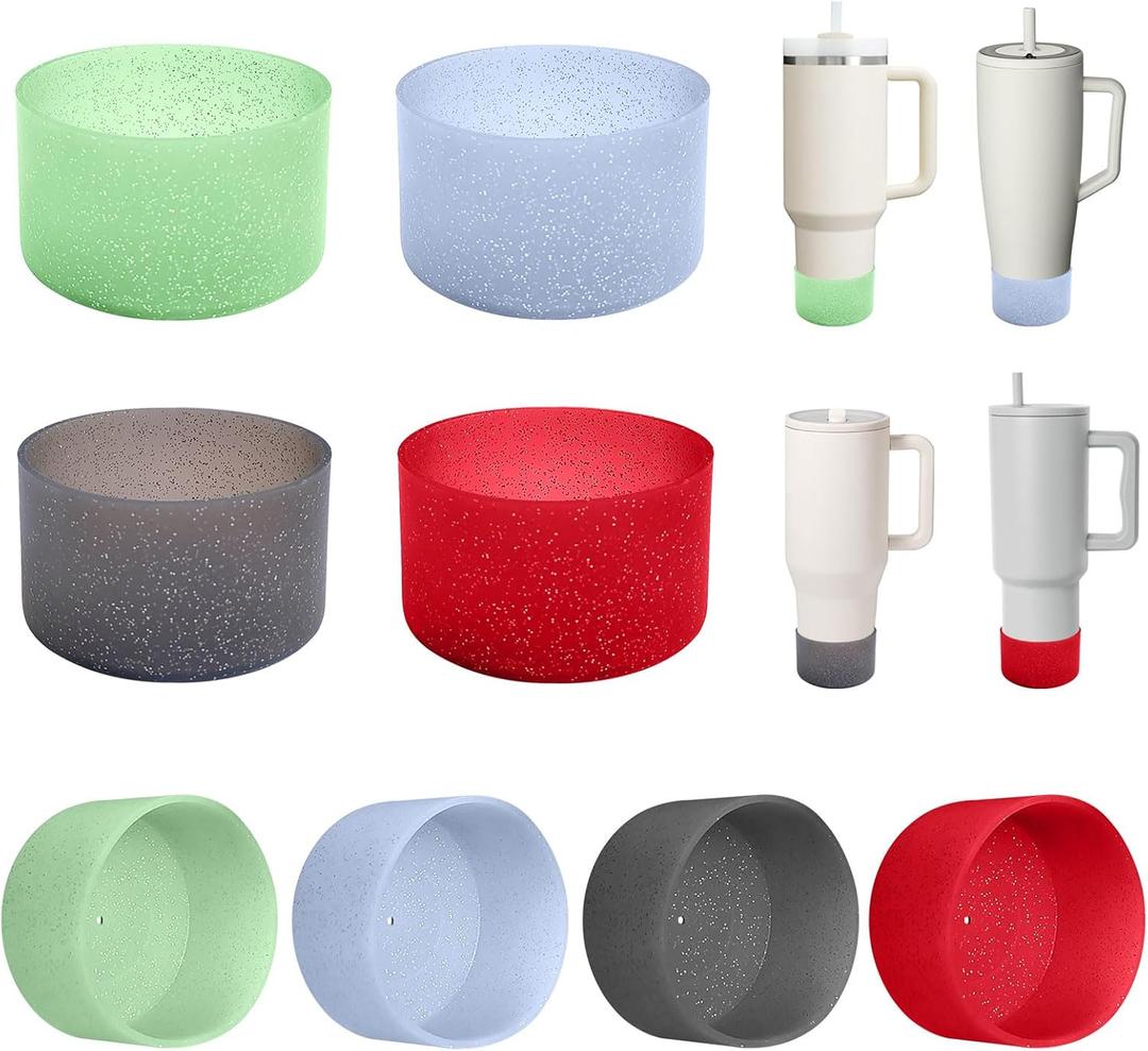 4Pcs Silicone Boots for Tumblers 40oz Fits Stanley/Hydrojug/Brumate/Simple Modern, More Bottles 2.9-3.1in Width Bottom Protector (Set3-Glitter-Green/Blue/Black/Red)
