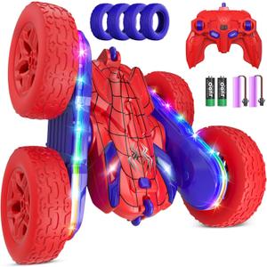 2 x Spider RC Cars Toys for Boys 4-6, 2.4GHz Remote Control Car with 26 LED Light System, 360 Flips, Changeable Wheels, Rechargeable All-Terrain Truck Gift for Kids Ages 4-8 (Blue&red-led)