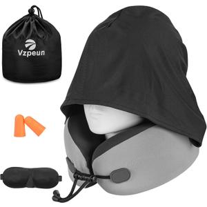 Vzpeun Neck Pillow for Travel - Hooded Memory Foam Plane Pillow for Airplane, Office, Cars Sleeping, Long Flight Must Haves, Portable Road Trip Essentials for Adults Gray