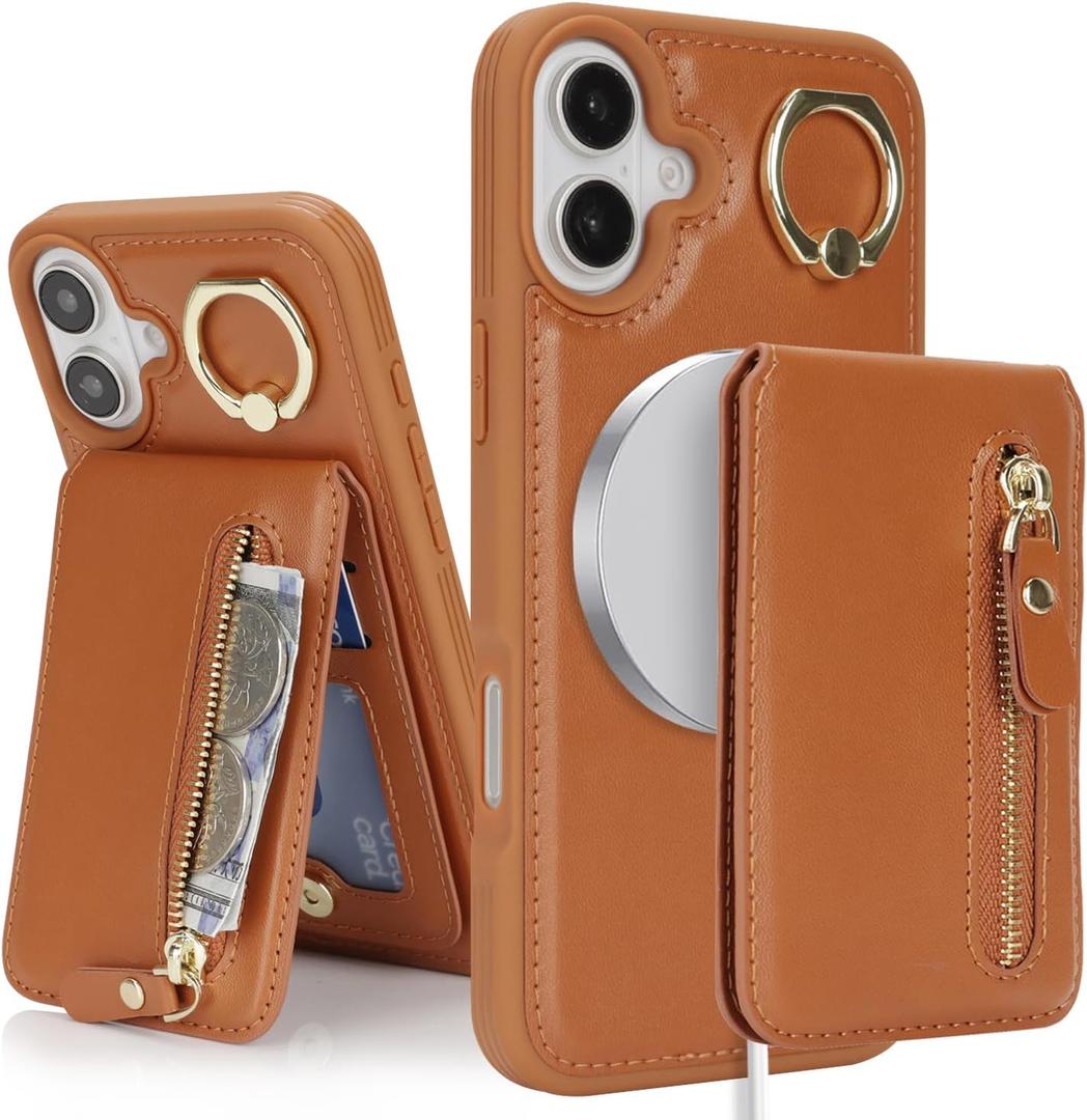 for iPhone 16 Phone case with Card Holder with Compatible magsafe Magnetic, Key Chain PU Leather Flip Kickstand Detachable 2-in-1 Wallet case for Apple16 Women Men-Brown