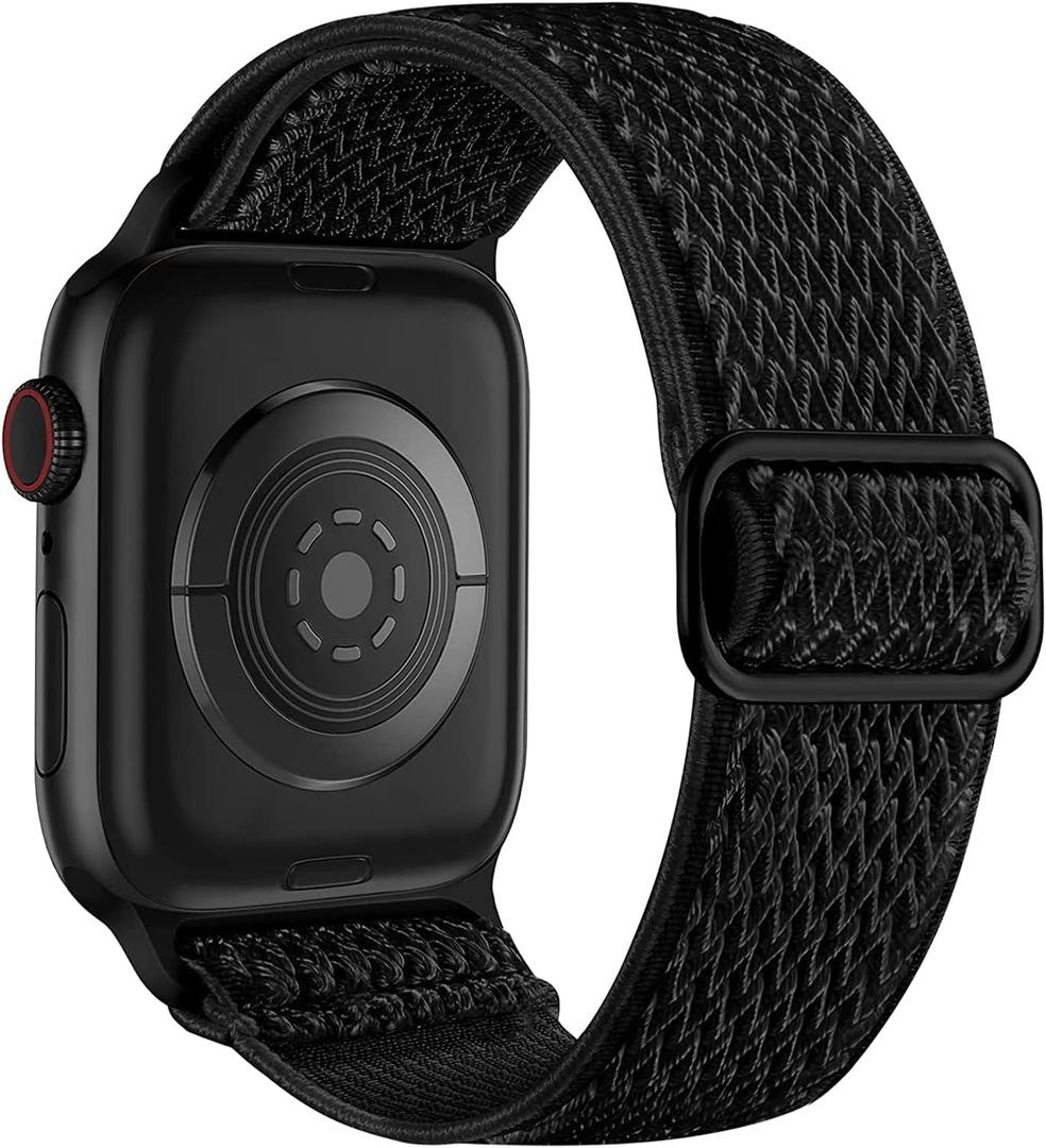 Lerobo Nylon Stretchy Solo Loop Watch Band, Compatible with Apple Watch Series 1-10, SE, Ultra 38/40/41/42/44/45mm/46mm/49mm, Adjustable Replacement Strap for Women Men (Black)