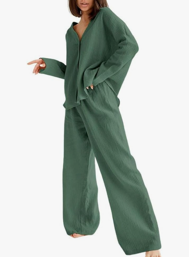 Womens Cotton Gauze Loungewear Sets Casual 2 Piece Sleepwear Button Down Shirt and Wide Leg Pants Outfits size S