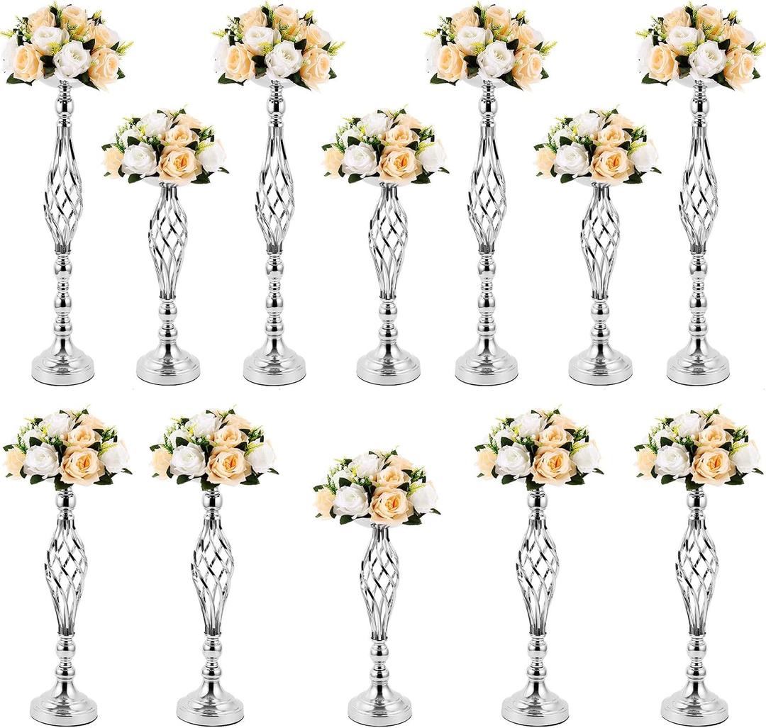 12 Pcs Metal Wedding Flower Stand Bulk Table Centerpieces, Tall Silver Flower Arrangement Vase Candle Holder Stand for Wedding Reception, Birthday, Party, Hotel Decor, Twist Style, 3 Sizes