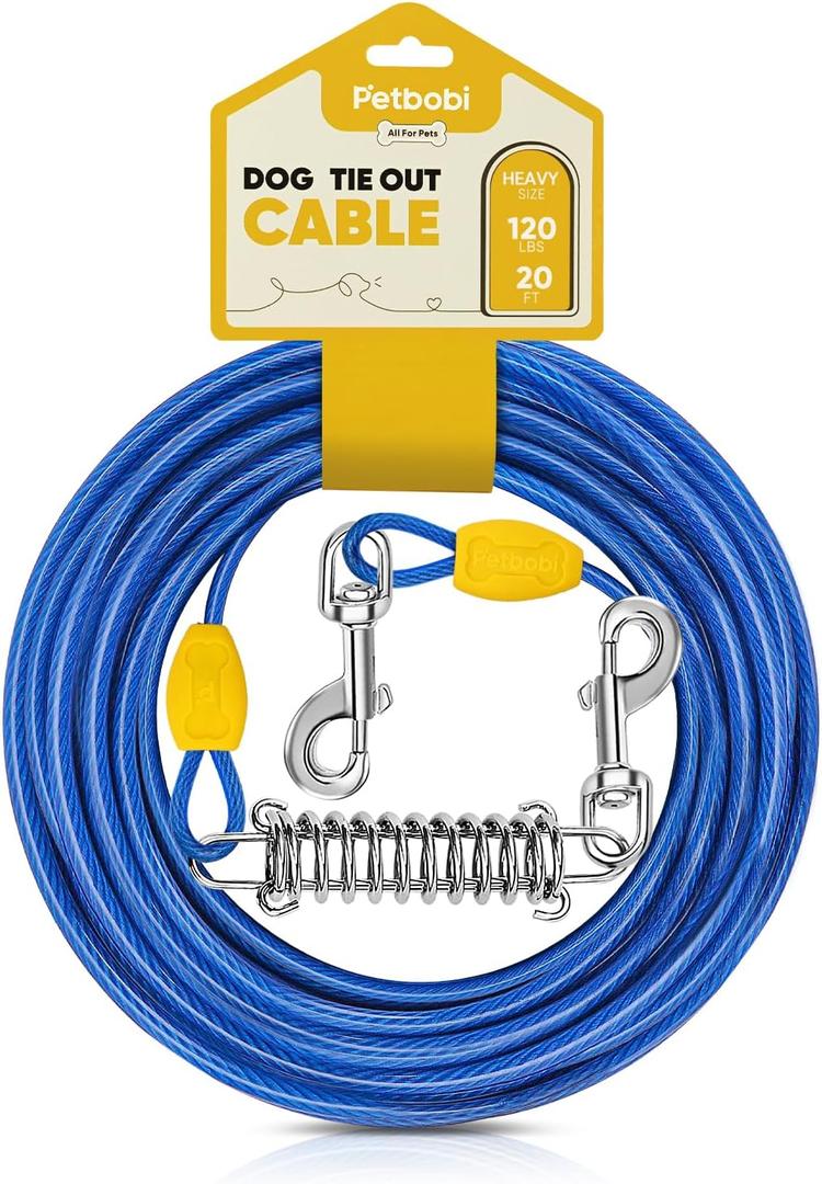 Petbobi Dog Tie-Out Cable 20ft - Heavy Duty Dog Lead Up to 120 lbs, Outdoor Leash Metal Cable with Shock Spring 360 Swivel Clips, for Yard Camping, Fit Small Medium Large Pets, Blue