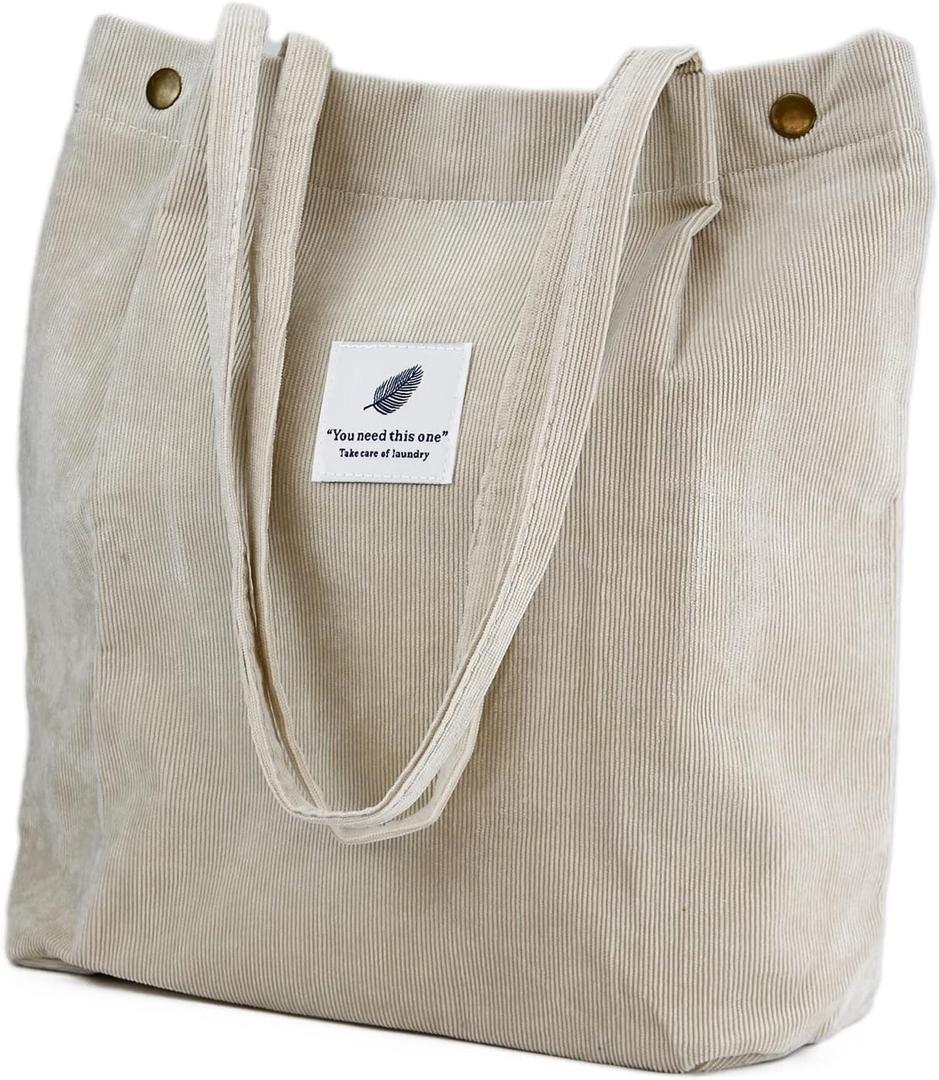 Corduroy Tote Bag Cute Tote Bags for Women Shoulder Bag with Inner Pocket for Work Beach Travel and Shopping Grocery, Beige