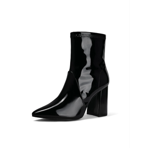 mysoft Women's GoGo Boots Mid Calf Block Heel Ankle Boots Pointed Toe Patent Leather Side Zipper Booties, Size 6