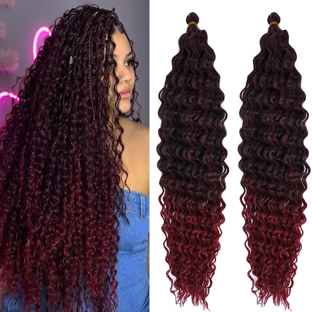 Black Burgundy Boho Hair for Braiding Curly Ocean Wavy Braiding Hair Deep Wave Crochet Hair for Black Women 24 Inch 2 Packs Soft Curls for Boho Braids Extensions