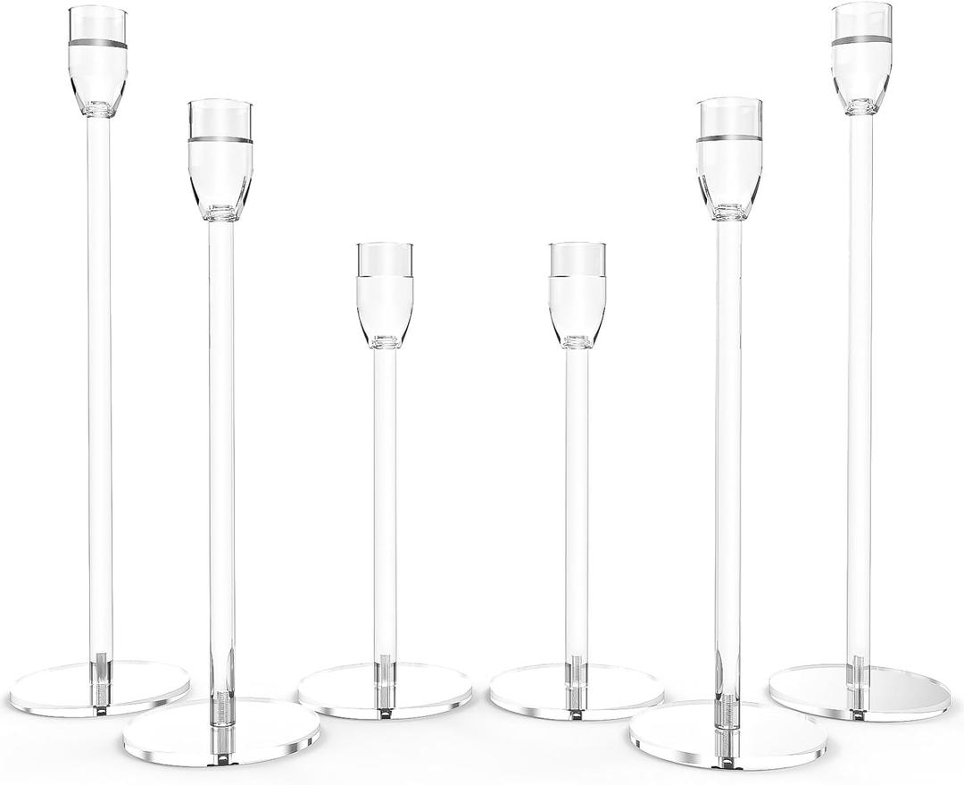 Tall Candlestick Holders Acrylic Clear Taper Candle Stand Bundle for Table Centerpiece Suitable for 3/4 & 7/8 Inch Electronic LED Candles for Home Decor Wedding Party (6 PCsTaper Candle Holders)