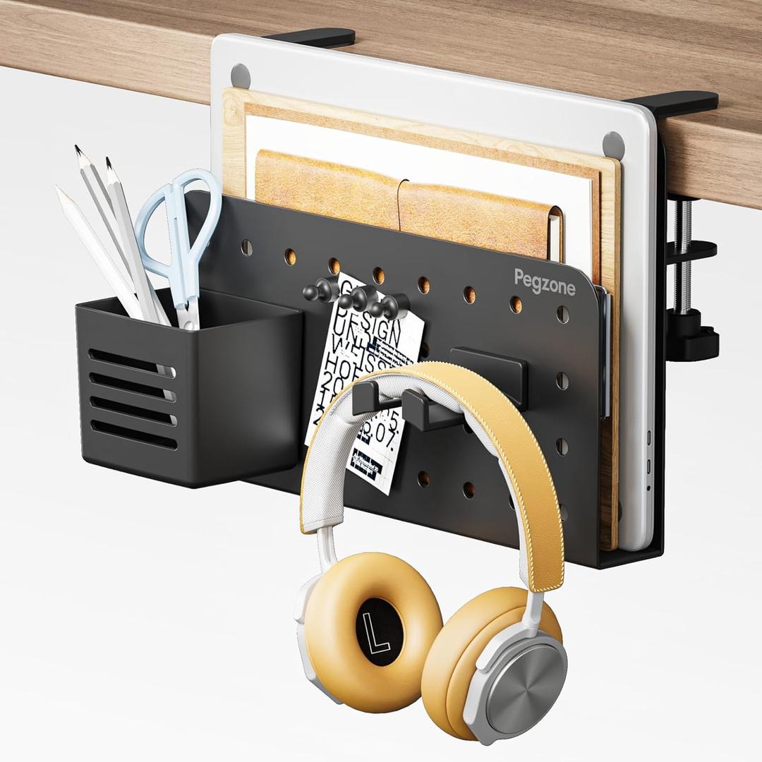 Desk Side Storage Organizer, No Drill Under Desk Laptop Holder, Clamp on Desks Shelf with Pegboard Accessories, Hanging Laptop Mount, Fits Flat Edge 0.4" to 2.2", Black