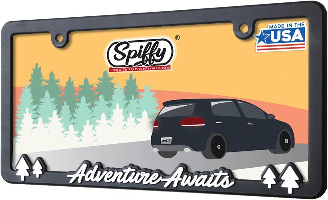 Adventure Awaits License Plate Frame Holder for US/CAN by Spiffy | Cool Exterior Accessory Matte Finish with Glossy Lettering | Weatherproof | Great Gift | Off-Road RV or Camper Van | Made in The USA