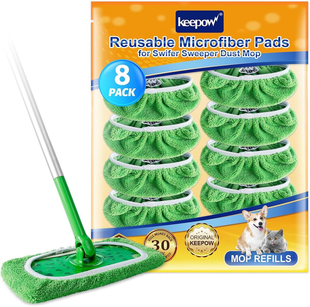 KEEPOW Reusable Mop Pads Compatible with Swiffer Sweeper Mop, Dry Sweeping Cloths for Swiffer Pads, 8 Pack Washable Microfiber Wet Mopping Cloth Refills for Surface/Hardwood Floor Cleaning