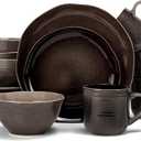 Elanze Designs Reactive Glaze Farmhouse Rustic Boho Ceramic Stoneware Dinnerware 16 Piece Plate Bowl Mug Dish Set - Service for 4, Mocha Grey Ombre