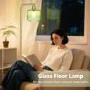 Glass Floor Lamp for Living Room, Modern Standing Lamp with Green Ribbed Glass Lampshade and Pedal Switch, 66 Tall Lamp & Gold Floor Lamp for Bedroom Study Room,Brushed Gold(3000K LED Bulb Included)