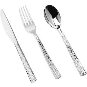 150PCS Silver Plastic Silverware, Heavy Duty Plastic Cutlery Set, Disposable Utensils - 50 Forks, 50 Spoons and 50 Knifes for Party, Wedding and Events