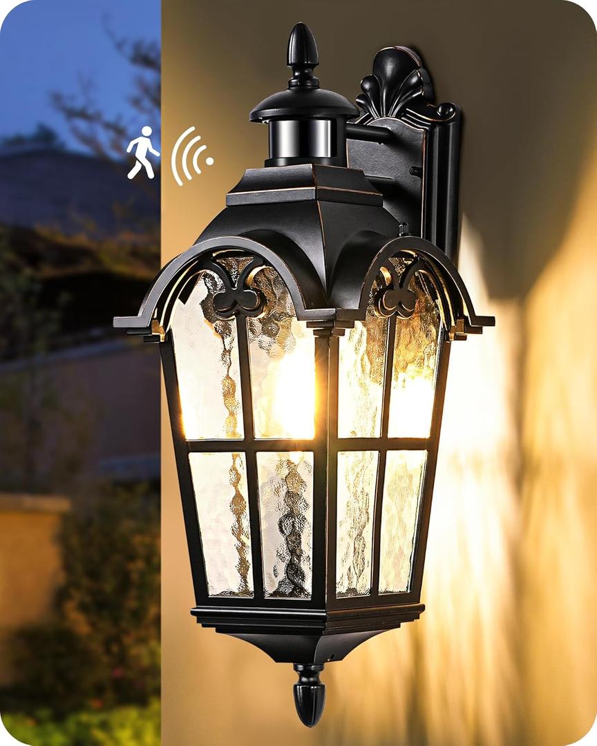 EDISHINE 20.2" Large Motion Sensor Outdoor Wall Lights, Dusk to Dawn Exterior Sconce with Water Ripple Glass, Waterproof Outside Porch Lighting Wall Mount Fixture for Front Door Garage