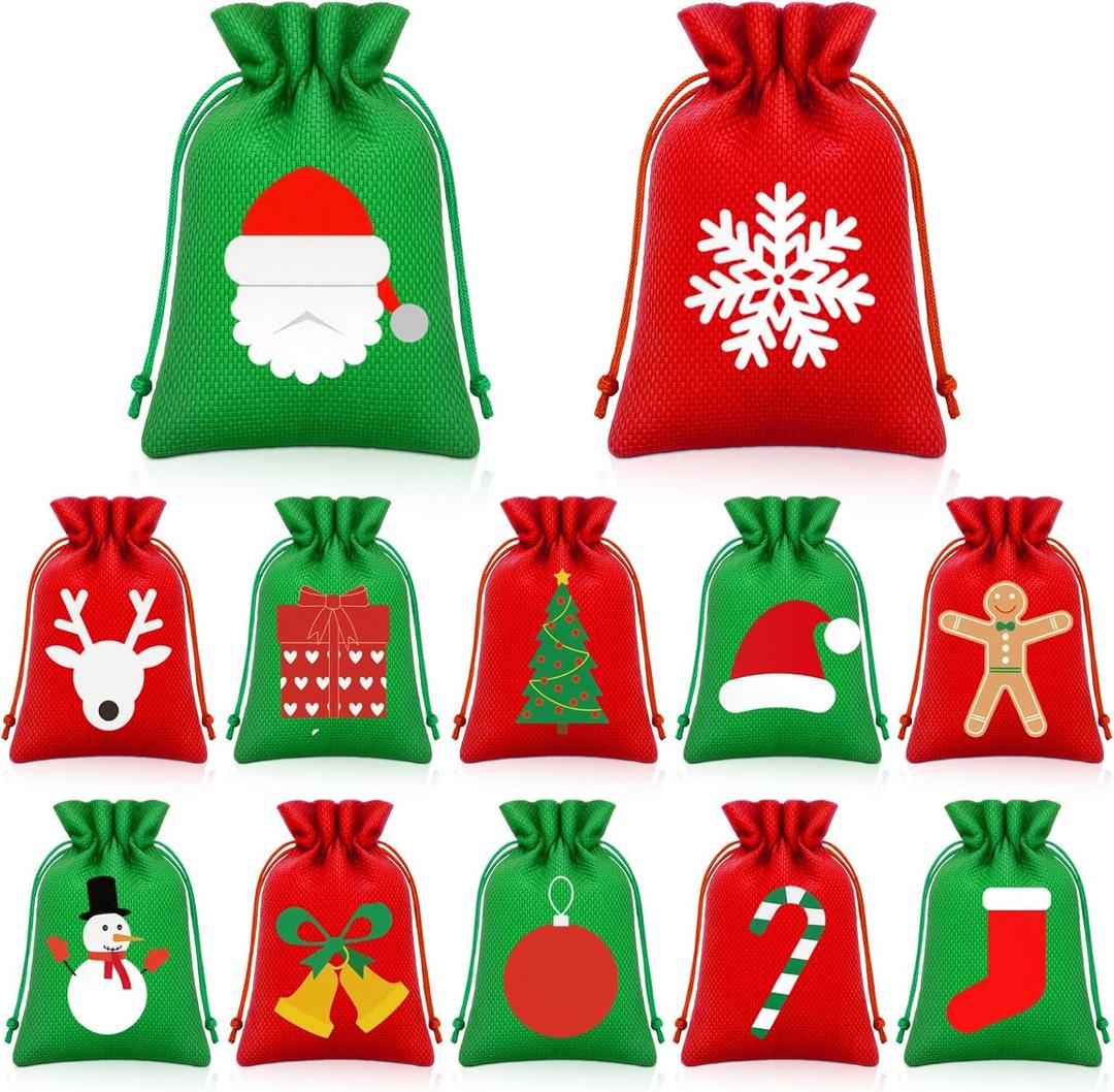 60 Pcs Christmas Burlap Gift Bags with Drawstring, 4x6 Inch Red and Green Small Reusable Goody Bags for Christmas Party Decorations Favors
