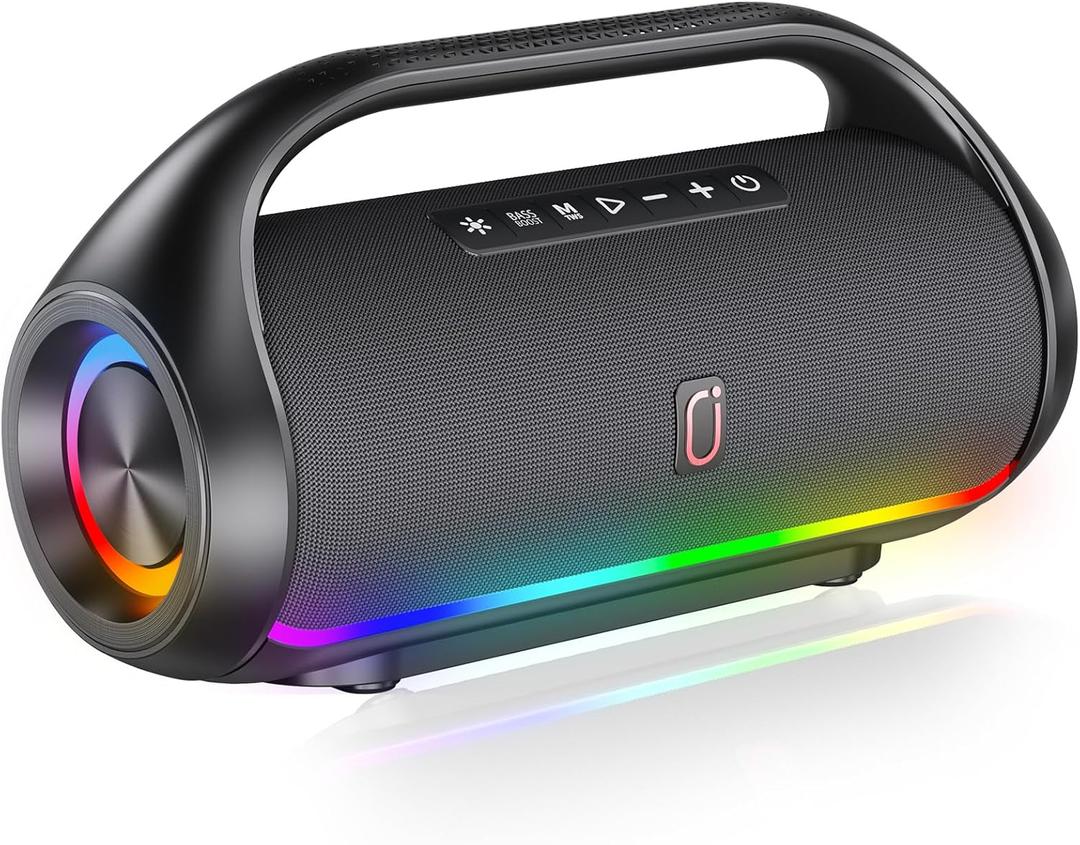 Bluetooth Speaker, IPX5 Waterproof Portable Bluetooth Speaker with Powerful Bass & LED Lights, BT5.3, Wireless Stereo Pairing for Home Party, Beach, Outdoor Camping, Support USB/TF Card/AUX/TWS (Black)