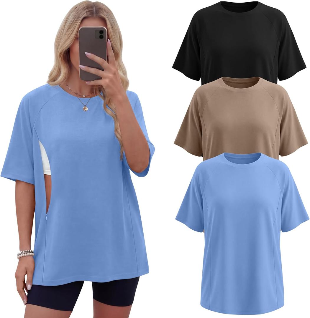 3 Pack Women's Oversized Nursing Tops for Breastfeeding with Hidden Zippers Loose Fit Short Sleeve Maternity Tops (Large, Sky Blue, Light Khaki, Black)