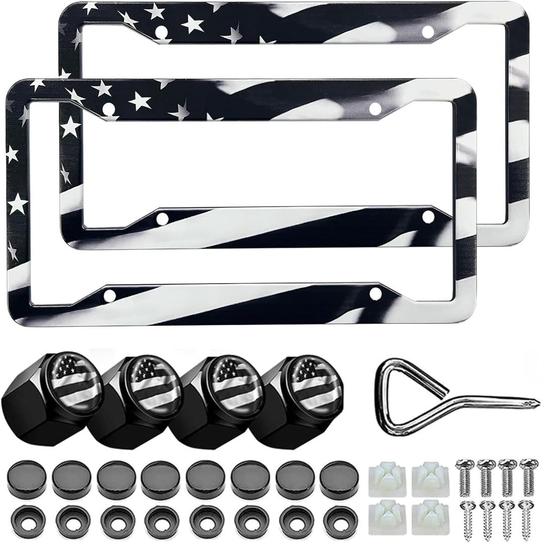 Black American Flag License Plate Frames - 2 Pack Patriotic Aluminum Metal Matte Gloss Stars Stripe US Flag Car Tag Plate Frame Holder Covers with 4 Fluttering Flag Car Valve Caps and Screws