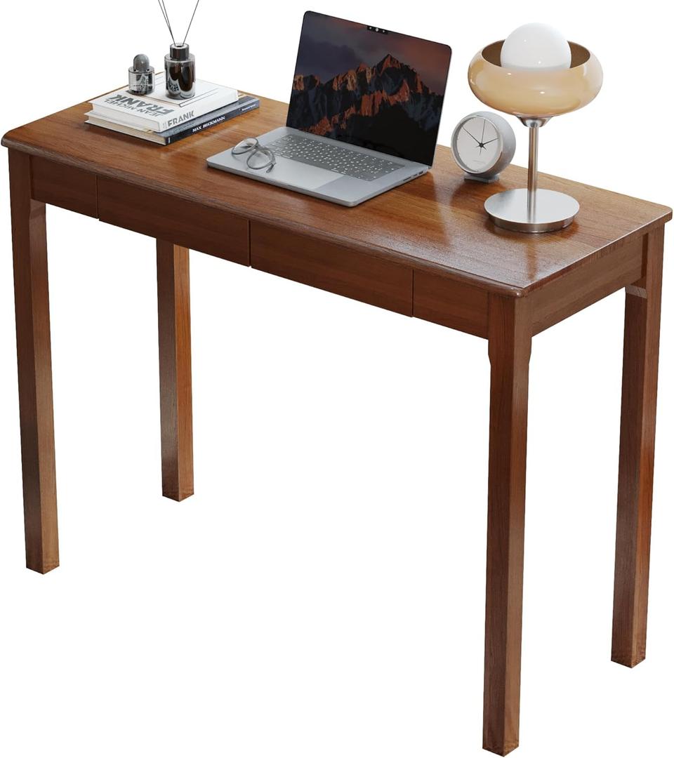 Solid Wood Desk with Drawers - 39 x 16 Inch Narrow Desk, Mid Century Modern Desk, Rubber Wood Vintage Desk, Writing Desk for Small Spaces, Small Desk for Bedroom, Walnut Color